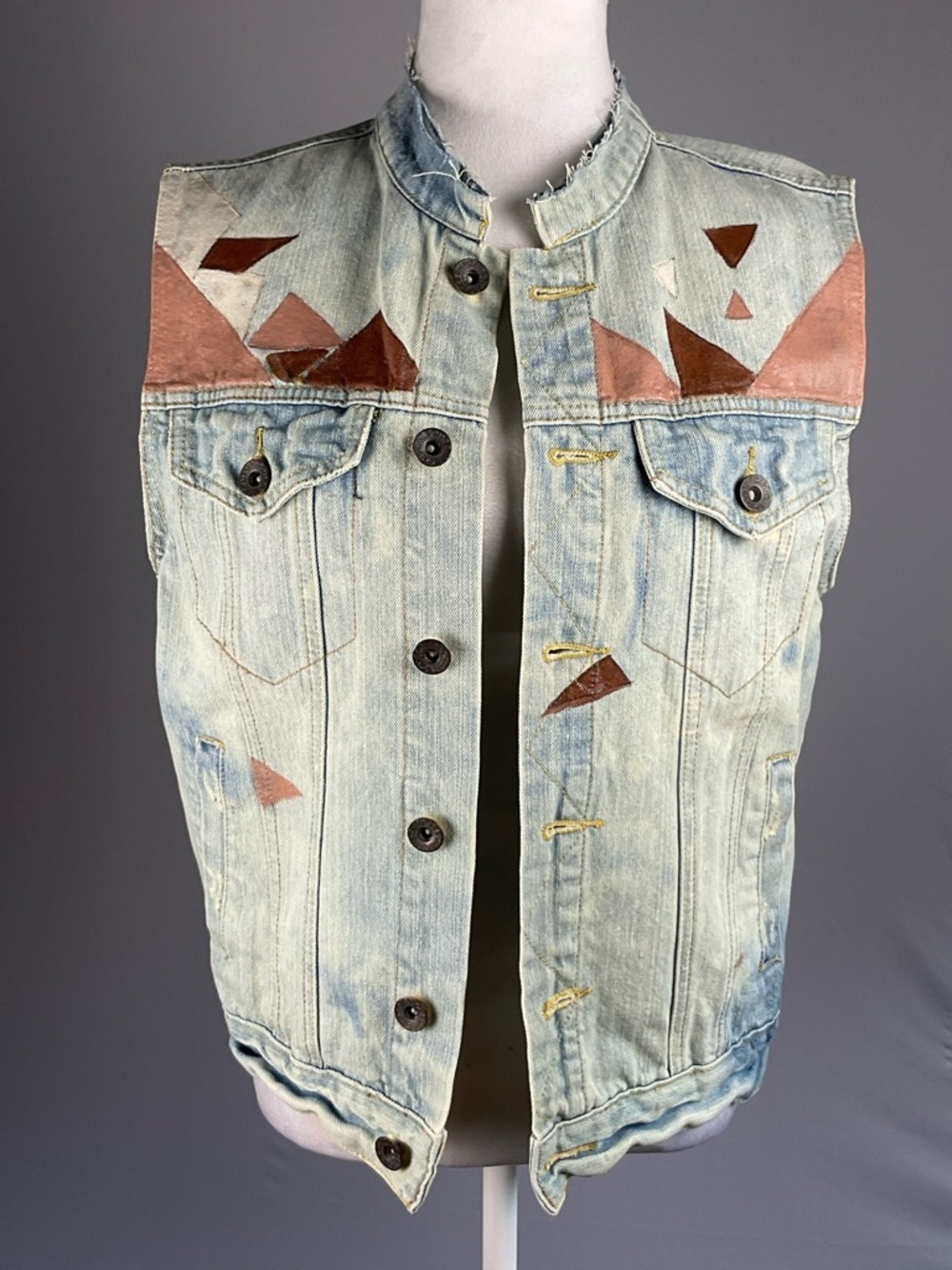 Hand Painted Denim Vest Wearable Art Geometric Streetwear Festival Boho Small - Picture 11 of 16
